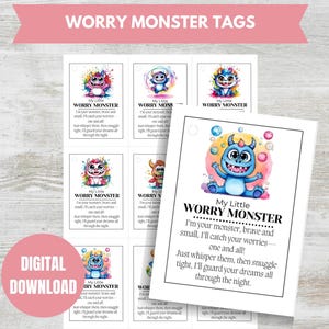 Etiquetas PDF imprimíveis de suporte emocional Worry Monster, etiquetas para produtos de crochê Amigurumi, etiquetas para pendurar, etiquetas para pelúcia, etiquetas para brinquedos, etiquetas para presentes, etiquetas para lembranças