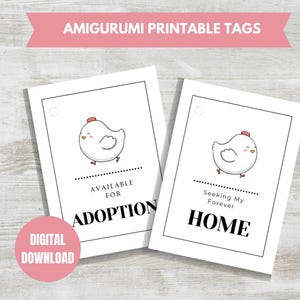 Afdrukbare pdf-tags gehaakte amigurumi-tags Gehaakte amigurumi-producttags afdrukbare tags beschikbaar voor adoptietag Seeking Forever Home-tag