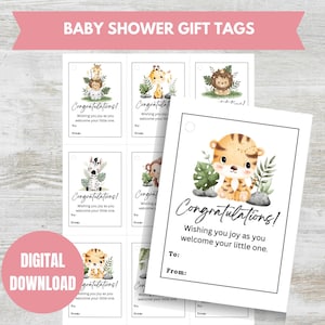 Étiquettes PDF imprimables pour baby shower animaux de safari, étiquette cadeau, étiquette de félicitations, étiquette cadeau souvenir, téléchargement immédiat