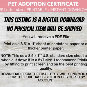 Plushie Printable Certificate Of Adoption PDF Print 5x7 Adoption Certificates 4 Styles Doggie Printable Certificate Adopt A Pet Certificate image 5