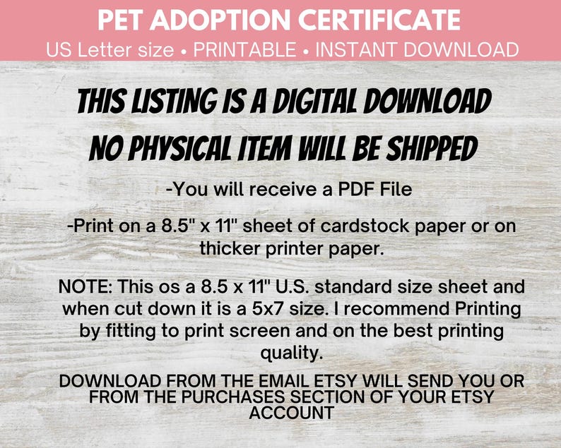 Plushie Printable Certificate Of Adoption PDF Print 5x7 Adoption Certificates 4 Styles Doggie Printable Certificate Adopt A Pet Certificate image 5