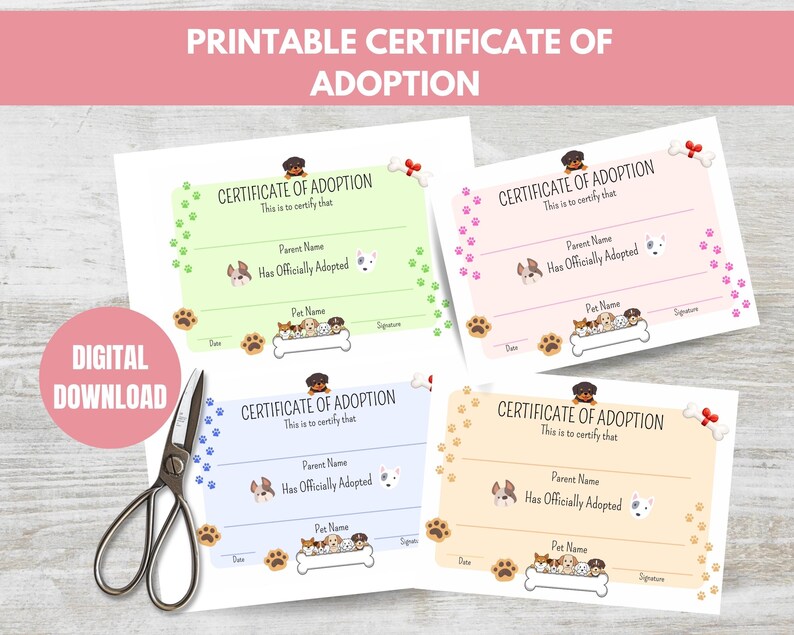Plushie Printable Certificate Of Adoption PDF Print 5x7 Adoption Certificates 4 Styles Doggie Printable Certificate Adopt A Pet Certificate image 4