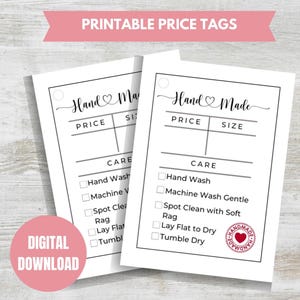 Etiquetas de preço de produtos artesanais Etiquetas para impressão em PDF Etiquetas para impressão Download digital Etiquetas de venda Etiquetas para pendurar Etiquetas de preço com caixas de seleção de cuidado.