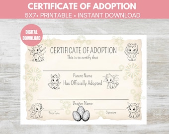 Printable Dragon Certificate Of Adoption PDF 5x7 Adoption Certificates, Adopt A Dragon Certificate, Adopt A Pet Certificate DIGITAL DOWNLOAD