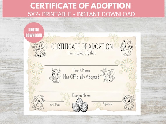 Printable Dragon Certificate Of Adoption PDF 5x7 Adoption Certificates, Adopt A Dragon Certificate, Adopt A Pet Certificate DIGITAL DOWNLOAD