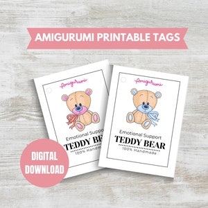 Etiquetas de PDF para impressão de suporte emocional Etiquetas de produto de crochê de amigurumi Etiquetas para impressão Etiquetas de urso de pelúcia fofas para impressão Etiquetas de brinquedo de urso