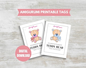 Emotional Support Printable PDF Tags Amigurumi Crochet Product Tags Printable Tags  Cute Teddy Bear Printable Plushie Tags Bear Toy Tag