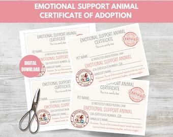 Emotional Support Animal Printable Certificate Of Adoption PDF 5x7, Pet Emotional Support, ESA Pet Certificate, 4 Different Color Variations