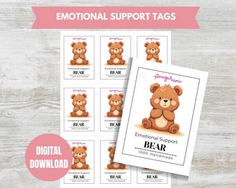 Emotional Support Bear Printable PDF Tags, Amigurumi Product Tags, Bear Plushie Tags, Handmade Gift, Keepsake Tags, DIGITAL DOWNLOAD