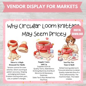 May include: A pink vendor display for markets with the text "Why Circular Loom Knitting May Seem Pricey." The display includes illustrations of a scarf, hat, and circular knitting machine, along with text explaining the costs.