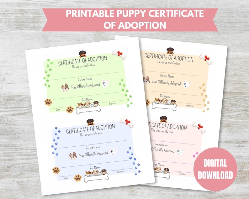 Plushie Printable Certificate Of Adoption PDF Print 5x7 Adoption Certificates 4 Styles Doggie Printable Certificate Adopt A Pet Certificate image 1