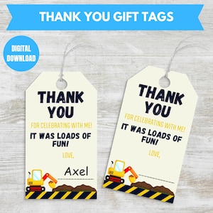 Bedankt cadeaukaartjes, bouwthema afdrukbare pdf-tags, goodiebag cadeaukaartjes, hang tags, gunst cadeaukaartjes, jongen verjaardag cadeaukaartjes