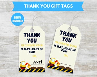 Thank You Gift Tags, Construction Themed PDF Printable Tags, Goodie Bag Gift Tags, Hang Tags, Favor Gift Tags, Boy Birthday Gift Tags