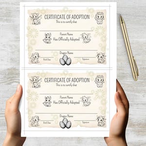 May include: Two printable certificates of adoption for a dragon. Each certificate has a space for the parent's name, the dragon's name, the birth date, and a signature. The certificates are decorated with small dragons and fireworks.