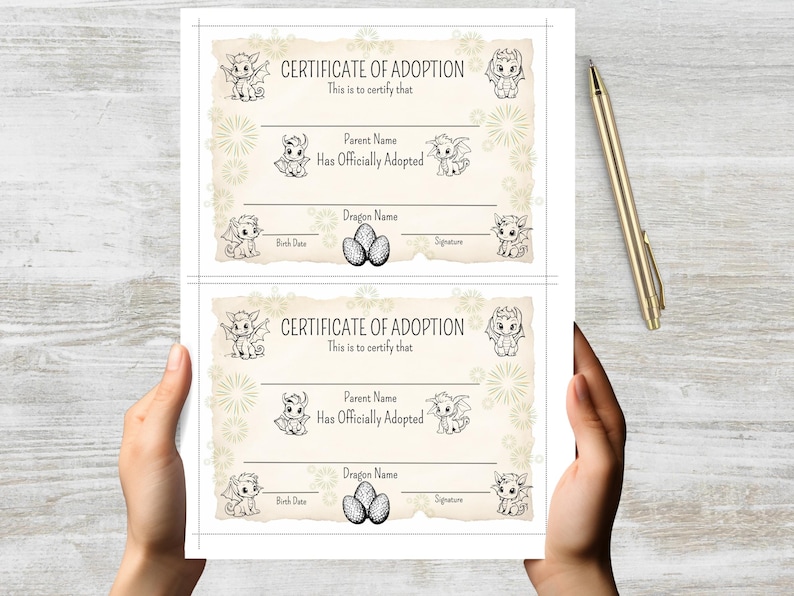 May include: Two printable certificates of adoption for a dragon. Each certificate has a space for the parent's name, the dragon's name, the birth date, and a signature. The certificates are decorated with small dragons and fireworks.