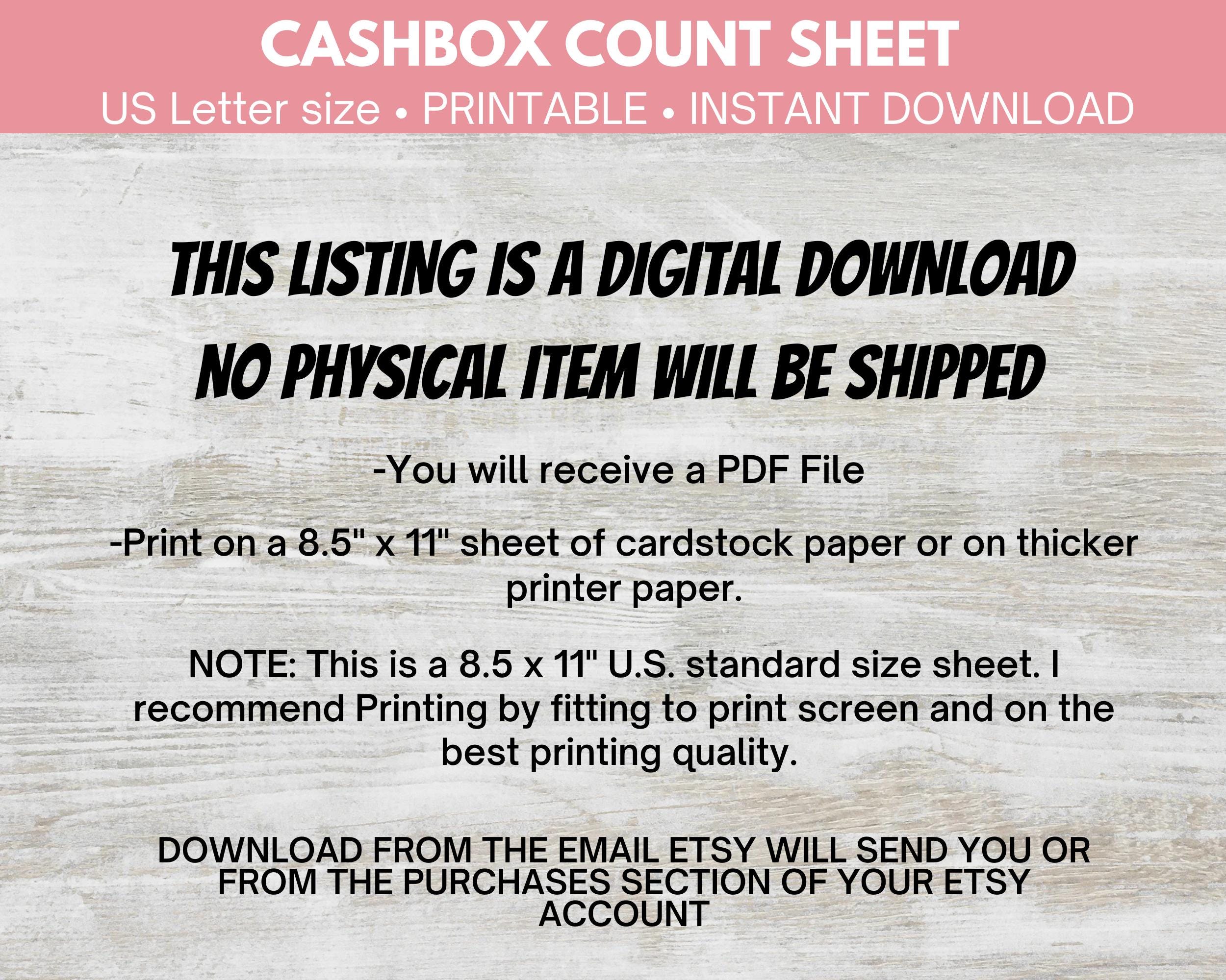 Printable Cashbox Count Sheet,pdf Printable Tally Sheet,cash Register ...