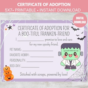 Printable Halloween Certificate Of Adoption PDF 5x7, Spooky Friend Adoption Certificate, Adopt A Pet Certificate, Frankie DIGITAL DOWNLOAD