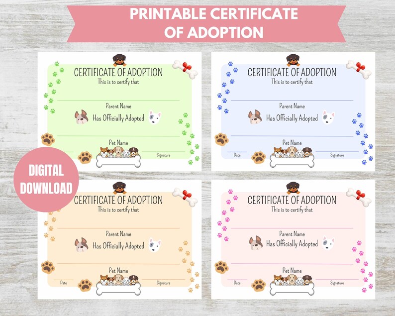 Plushie Printable Certificate Of Adoption PDF Print 5x7 Adoption Certificates 4 Styles Doggie Printable Certificate Adopt A Pet Certificate image 2