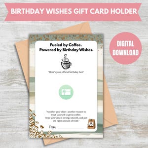 Porta tarjetas de cumpleaños imprimible en PDF, porta tarjetas con temática de café, porta tarjetas con deseos de cumpleaños, descarga instantánea