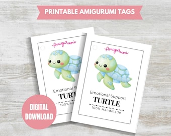 Emotionele ondersteuning Schildpad afdrukbare pdf-tags Gehaakte amigurumi-producttags Afdrukbare tags Afdrukbare knuffeltags Schildpad speelgoedlabel Cadeaukaartje