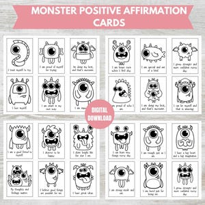Kleine Monster Positive Affirmation Malkarten, PDF zum Ausdrucken, für Kinder im Alter von 3-8 Jahren, süße Motivationskarten, kleine Monster Karteikarten