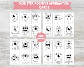 Little Monster Positive Affirmation Coloring Cards, PDF Printable, For Kids Ages 3-8, Cute Motivational Cards, Little Monster Flash Cards