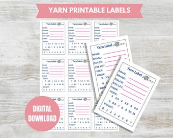 May include: Printable yarn labels with a blue and white yarn ball design. The labels have fields for name, brand, color, dye lot, fiber, hook size, and weight. The labels are designed for use with yarn crafts.