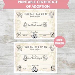 May include: Printable certificate of adoption with a dragon design. The certificate has spaces for the parent's name, the dragon's name, the birth date, and a signature.