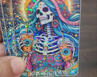Iced Coffee Mama Skeleton Sticker, Holographic Spooky Mom Decal
