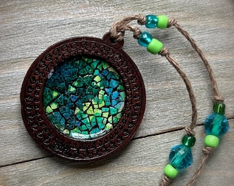 Green jewelry, eggshell mosaic, handmade, boho, bohemian, one of a kind, OOAK, long necklace, eggshells, woodsy, hippie style, hemp cord