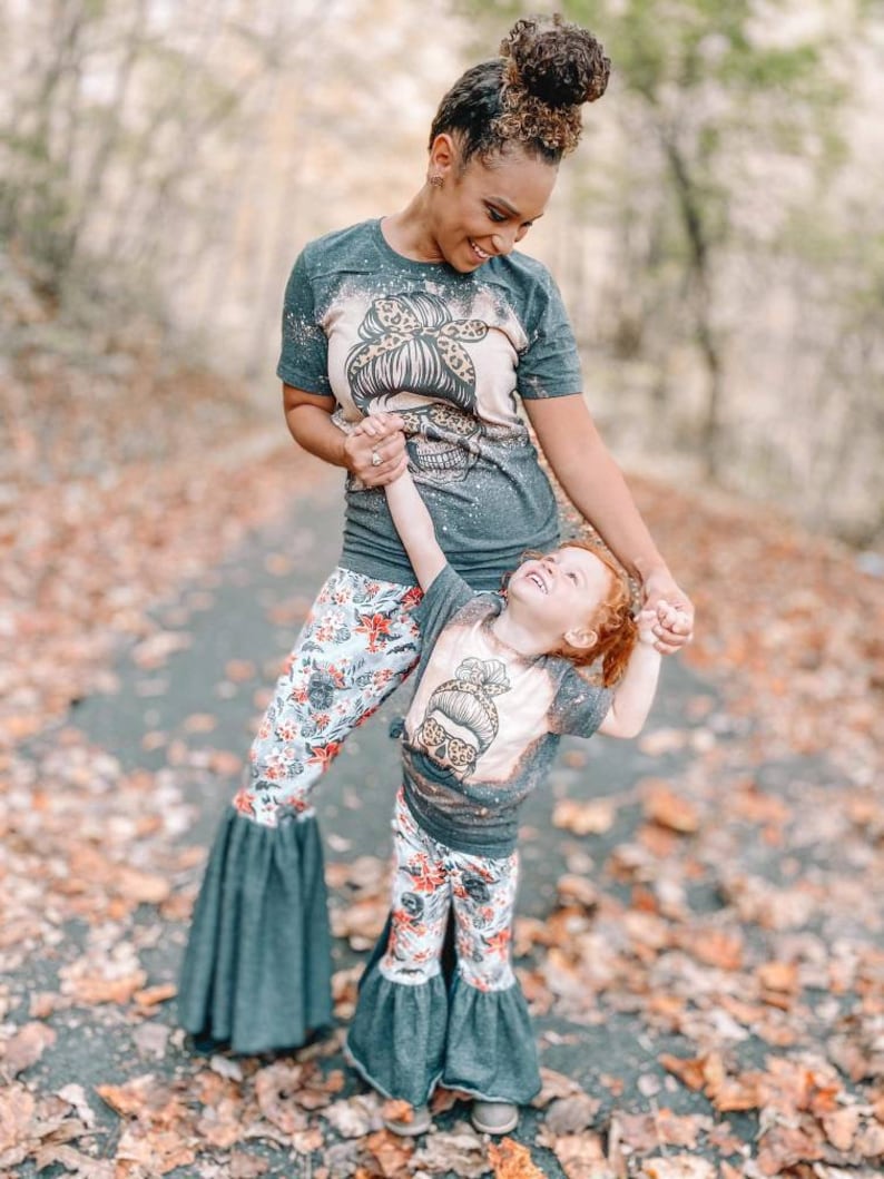 mommy and me woman skull shirt bleached shirt kid life leopard skull shirt skull tshirt messy hair mom life messy bun