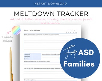 PRINTABLE Neurodiverse Meltdown Tracker - Autisme, TSA, TDAH, Meltdowns, Crises de colère, Surcharge sensorielle, Sensoriel, Suivi du comportement