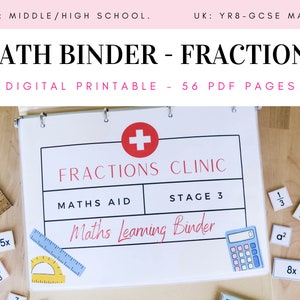 Fractions Learning Binder - Printable Math Activities Worksheet Book GCSE Algebra Fractions Homeschool High & Middle School Math Revision