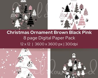 Digital Christmas Paper, Black Brown Pink Holiday Ornaments Printable Scrapbook, Background Instant Download, Non Traditional Christmas