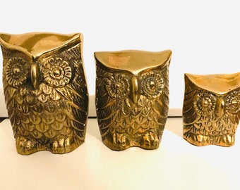Vintage SOLID BRASS OWLS On A Log Nocturnal Brass Log Saltofmotherearth Office D\u00e9cor Brass Collectible Night Owl