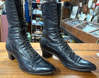 Antique Victorian Black Leather Lace Up Boots Size 7
