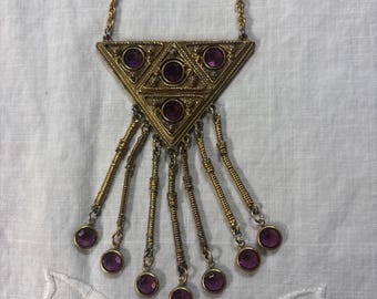 Vintage Signed Goldette Etruscan Style Purple Crystal Tassel Pendant Necklace
