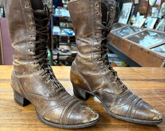 Antique Victorian Brown Leather Lace Up Boots