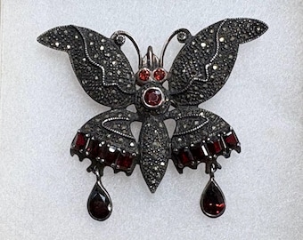 Vintage Sterling Silver Marcasite & Garnet Butterfly Brooch