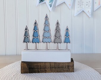 5 ombre trees word stack. Base sold separately. Interchangeable décor.