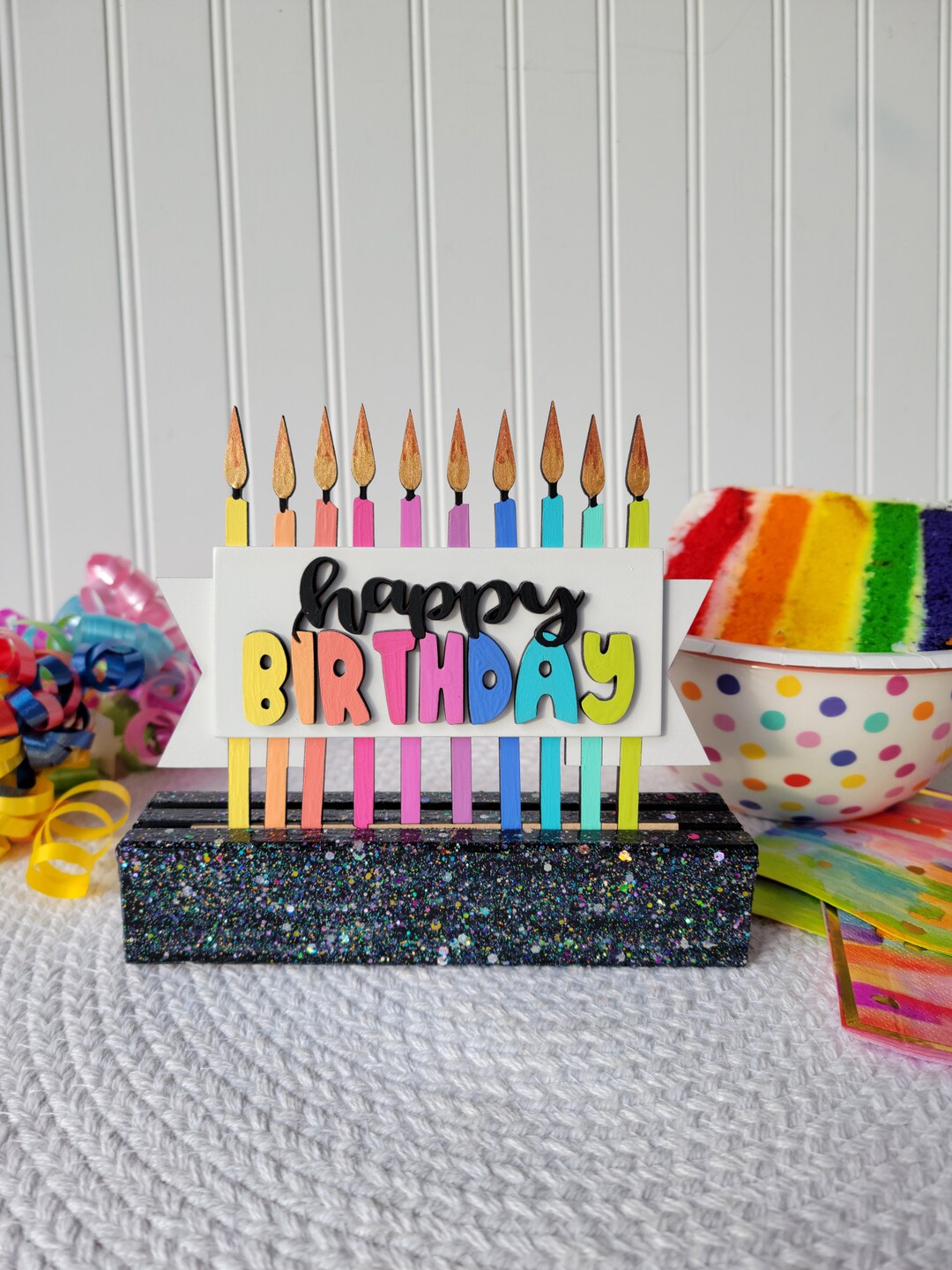 HAPPY BIRTHDAY Stack (G) . Base Sold Separate. Birthday Decor. Tiered ...