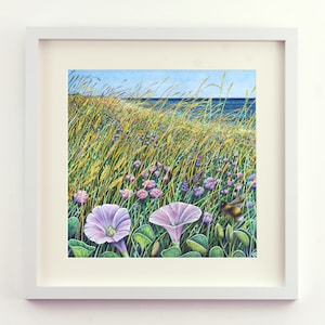 May include: A watercolor painting of a coastal scene with wildflowers and a bumblebee. The painting features a field of wildflowers, including purple clover and white bindweed, with a blue ocean in the background. A bumblebee is flying near the flowers.