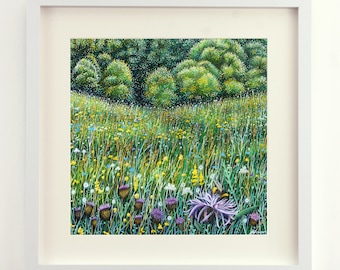 Bee Meadow Unframed Signed Limited Edition Print Floral Flowers Bee Grasses Meadow Trees Forest Bees Gift Present Landscape Artwork