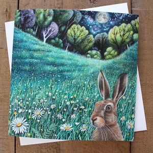 Pré au clair de lune carte de voeux vierge lièvre nuit oeuvre technique mixte fleurs champ de fleurs fleurs arbres forêt art fantaisiste lièvres de lune