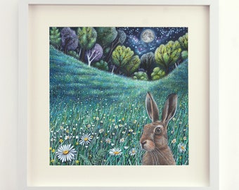 Moonlit Meadow Unframed Limited Edition Giclee Print Hare Meadow Moon Flower Flowers Daisies Trees Forest Grasses Night Whimsical Hares