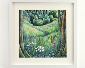 Secret Meadow Unframed Signed Limited Edition Print Floral Fox Glove Flowers Buttery Grasses Meadow Trees Gift Present Landscape Artwork