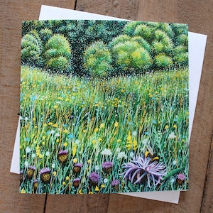 Bee Meadow Blank Square Greetings Art Card bourdons fleur pré pollinisateur champ arbres forêt fleurs faune insectes herbe nature