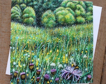 Bee Meadow Blank Square Greetings Art Card bumble bees flower meadow pollinator field trees forest flowers wildlife insects grass nature