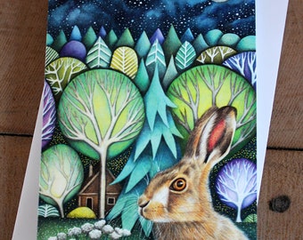 Hare In The Night Blank Greetings Card Hares Meadow Moon Field Wild Flowers Celebration Trees Forest Landscape Art