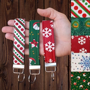 Christmas Key Fob Wristlet, Festive Holiday Patterns, Handmade